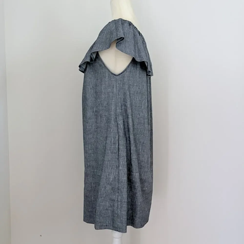 Ann Mashburn Off-The-Shoulder Ruffle Linen Blend Dress Chambray Medium